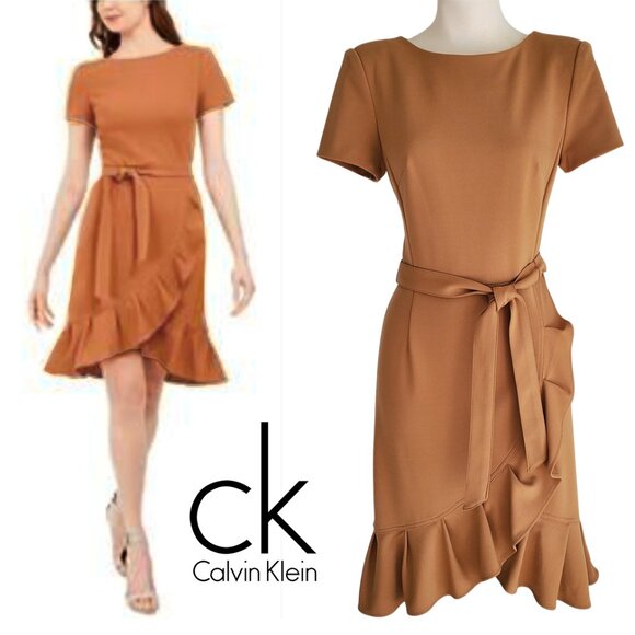 Calvin Klein NWT Career Dress Tulip Hem Tie Front Short Sleeve Deep Tan Size 4 - Picture 16 of 16